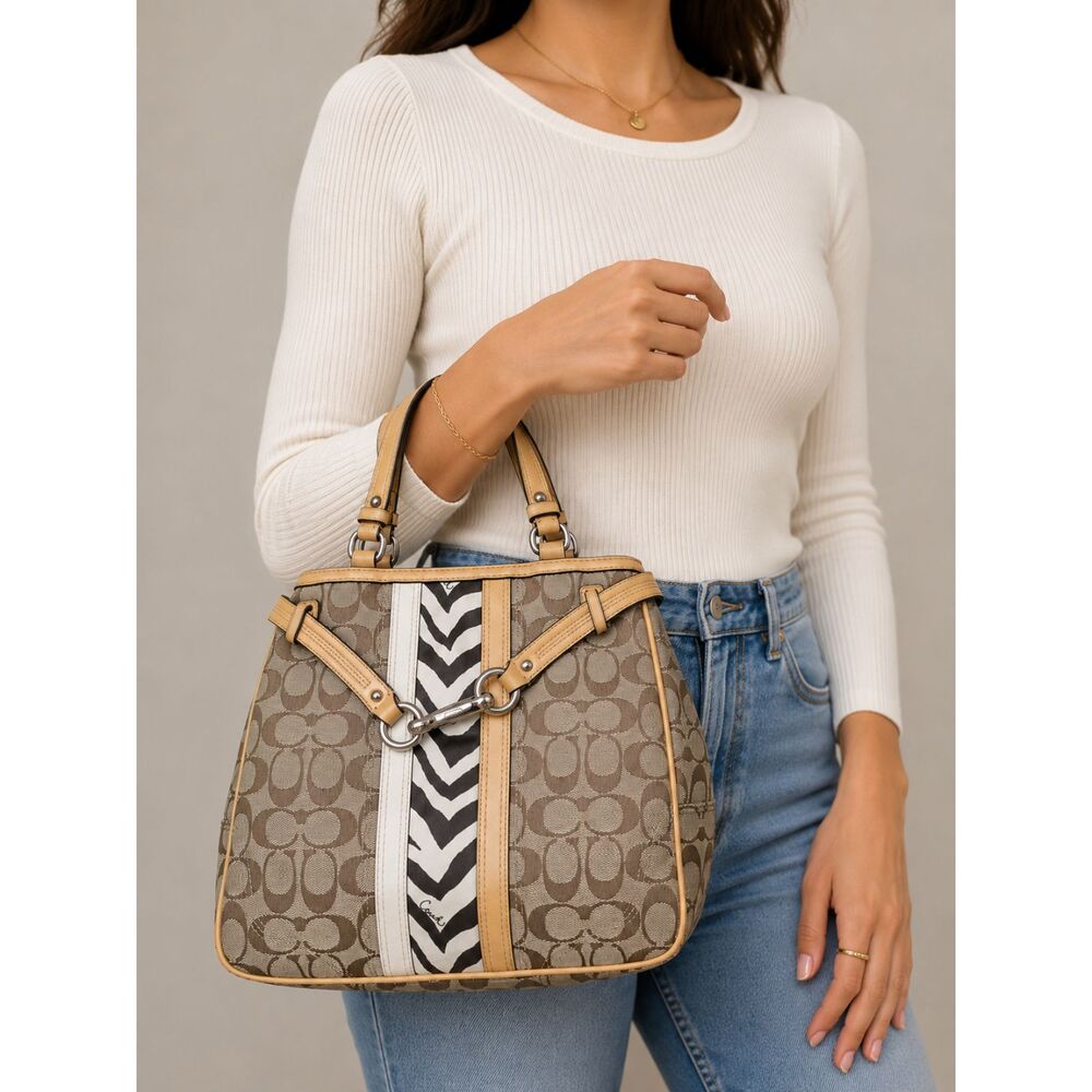 Coach Vintage Soho Zebra Stripe Signature Jacquard Tote Shoulder Bag Beige Brown